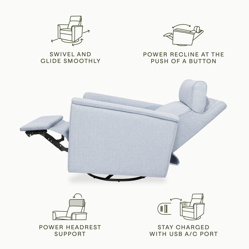 Willa Plus Power Glider Recliner w/ Power Headrest in Performance Blue Chambray Eco-Twill