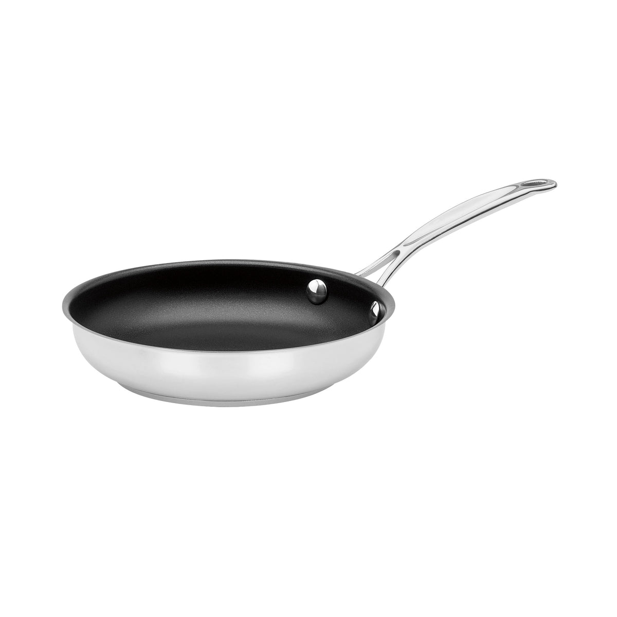 Angled view of 8-inch skillet showcasing stainless steel body and PURELYCERAMIC nonstick interior on white background