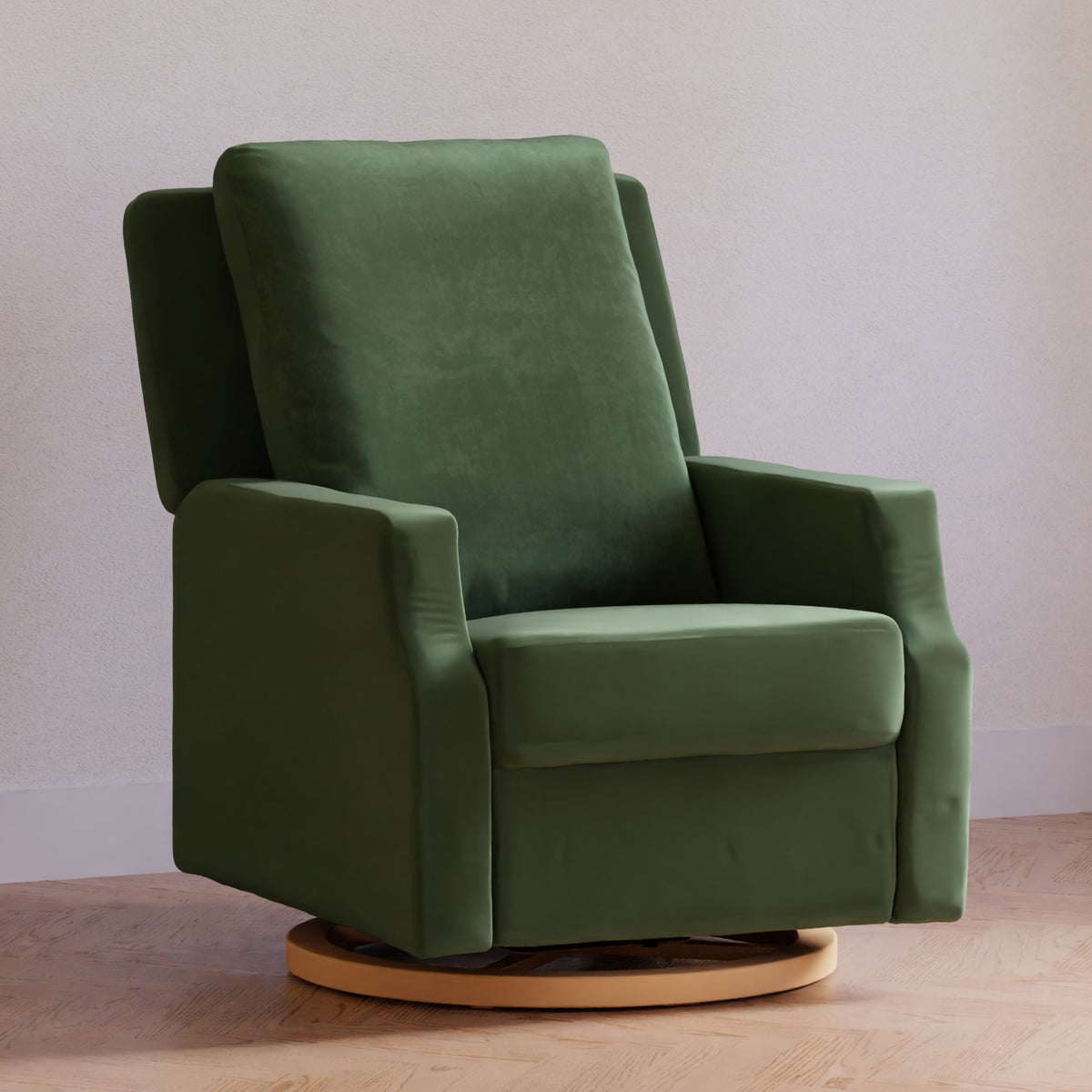 Front view of Crewe electronic recliner and swivel glider showcasing forest green velvet and light wood swivel base