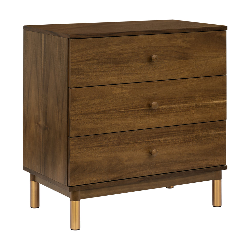 Gelato 3-Drawer Compact Changer Dresser with Removable Changing Tray (34") in Natural Walnut & Gold Feet