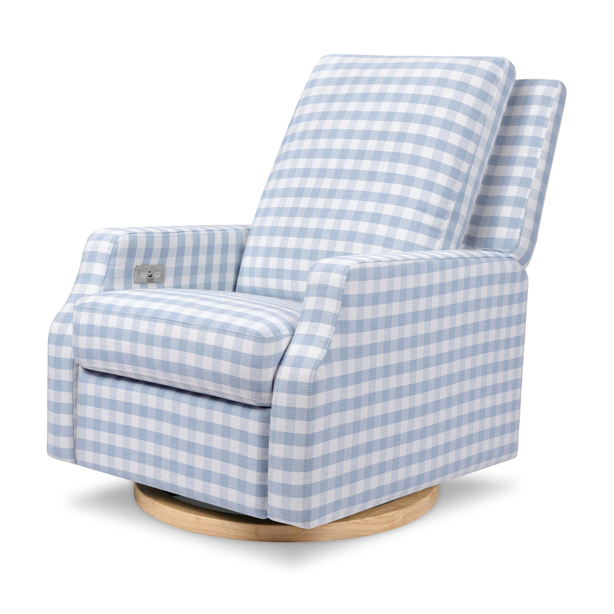 Crewe Electronic Recliner and Swivel Glider in Blue Gingham with Light Wood Base