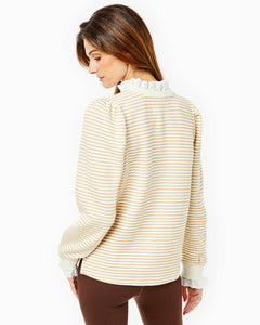 Model is wearing the Ziggy Top in Cream/ Camel Stripe with the University Flare Pants in Chocolate