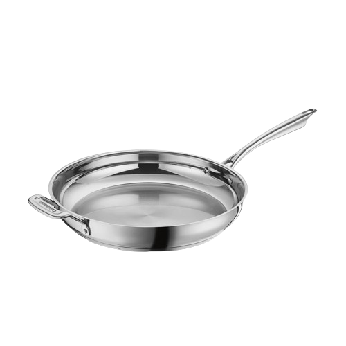 Three-quarter view of 12-inch stainless steel skillet with long and helper handles on black background
