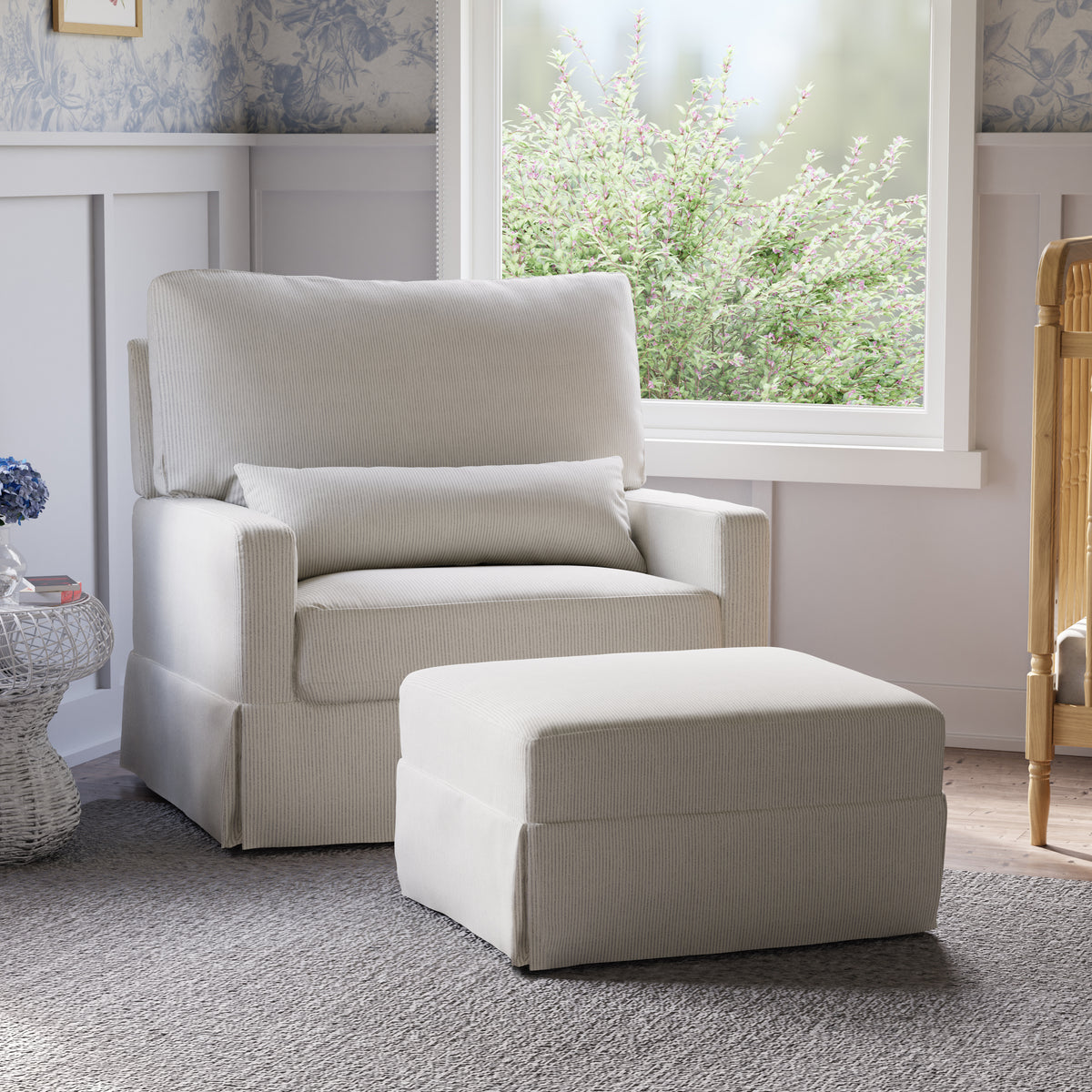 Crawford Pillowback Chair and a Half Comfort Swivel Glider in Fog Chatham Stripe Performance Eco-Weave