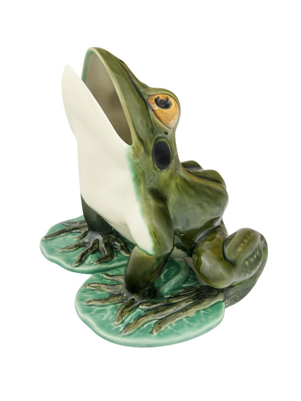 Front view of Frogs Large Frog with Open Mouth showcasing its green frog form on lily pads with a white background