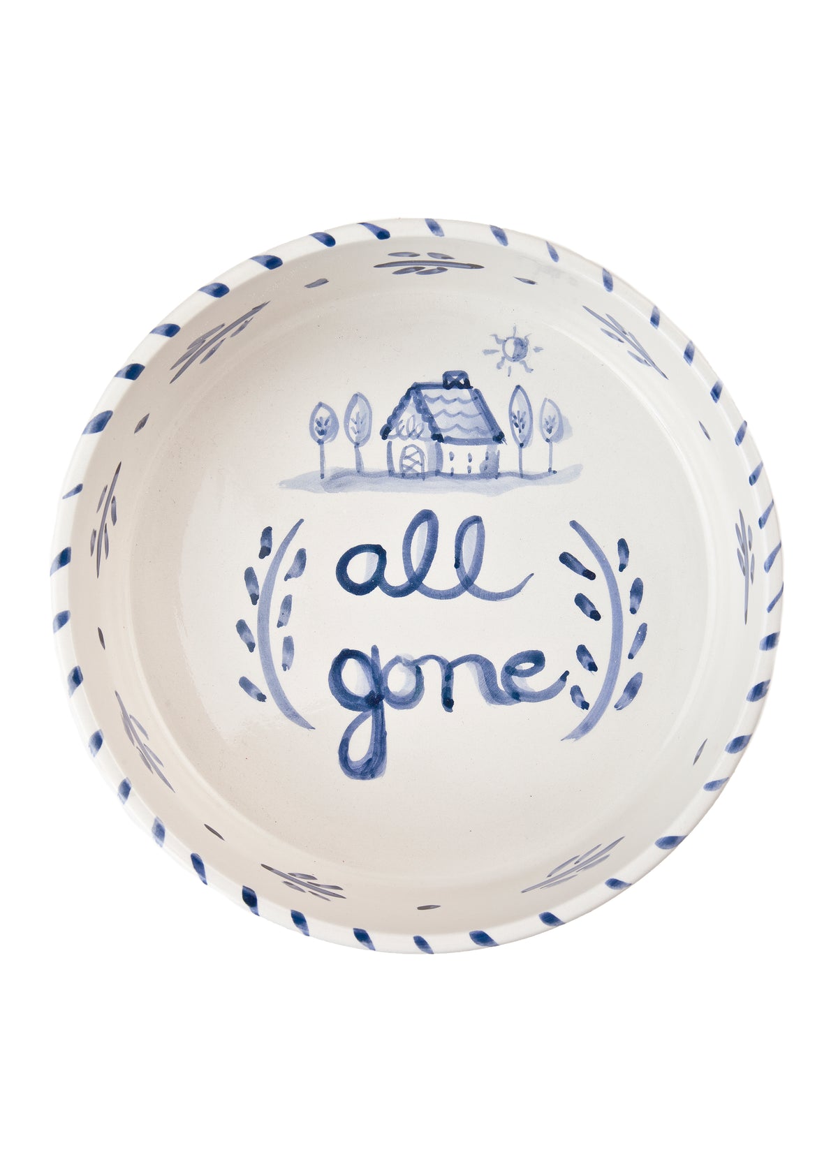 Top view of medium blue and white dog bowl showcasing hand-painted house illustration and all gone lettering on white background
