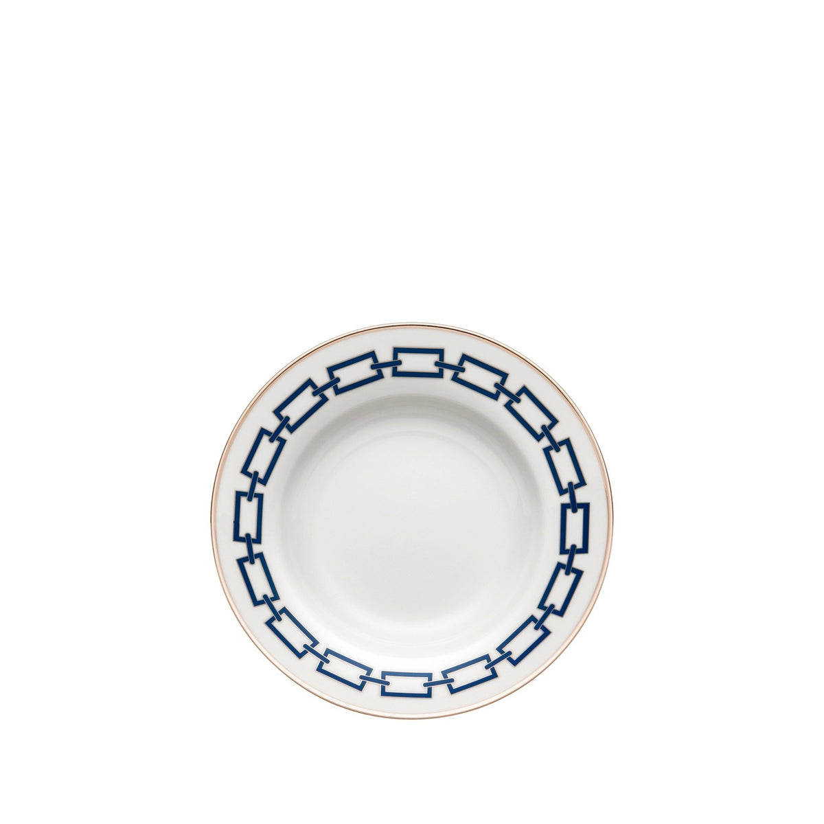 Top view of Catene soup plate showcasing blue geometric chain-link border and gold rim on white porcelain background