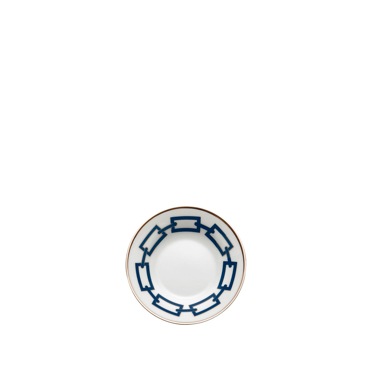 Top view of Catene coffee saucer showcasing blue chain-link border and gold rim on white background