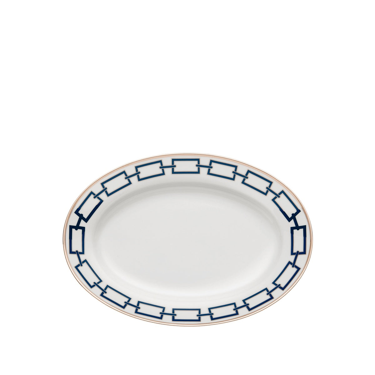 Top-down view of Catene oval platter showing blue geometric chain border and thin gold rim on white background