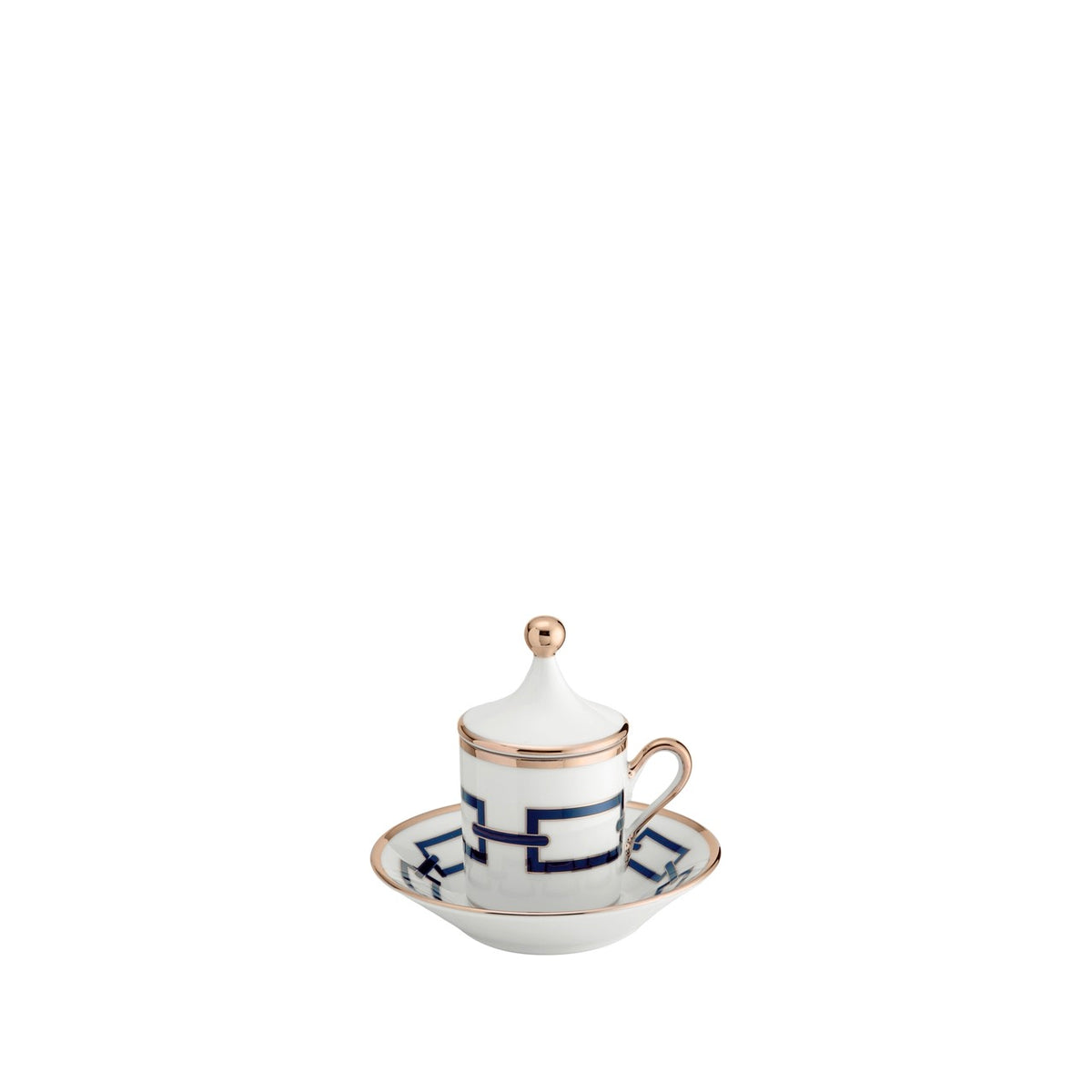 Front view of Catene coffee cup and saucer showing navy geometric pattern and gold trim on white porcelain against a white background