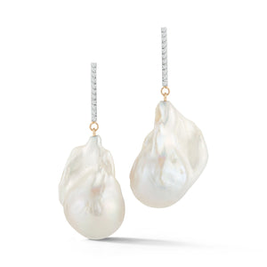 14K Diamond Bar Baroque Pearl Earrings