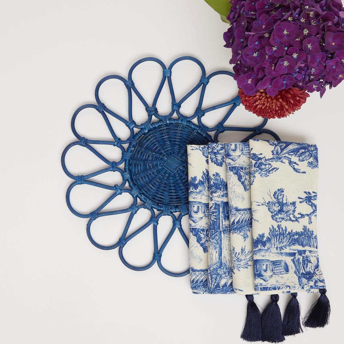 Gaia Blue Rattan Flower Placemats, Set of 4