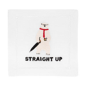 Front view of a Straight Up City cocktail napkin showcasing an embroidered dog and STRAIGHT UP text on white linen