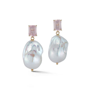 14K Rose Quartz and Baroque Pearl Drop Earrings