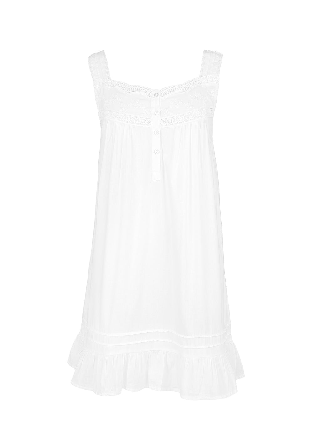 Front view of Jennifer white cotton nightgown showing lace-trimmed scooped neckline, button placket, and ruffle hem on white background
