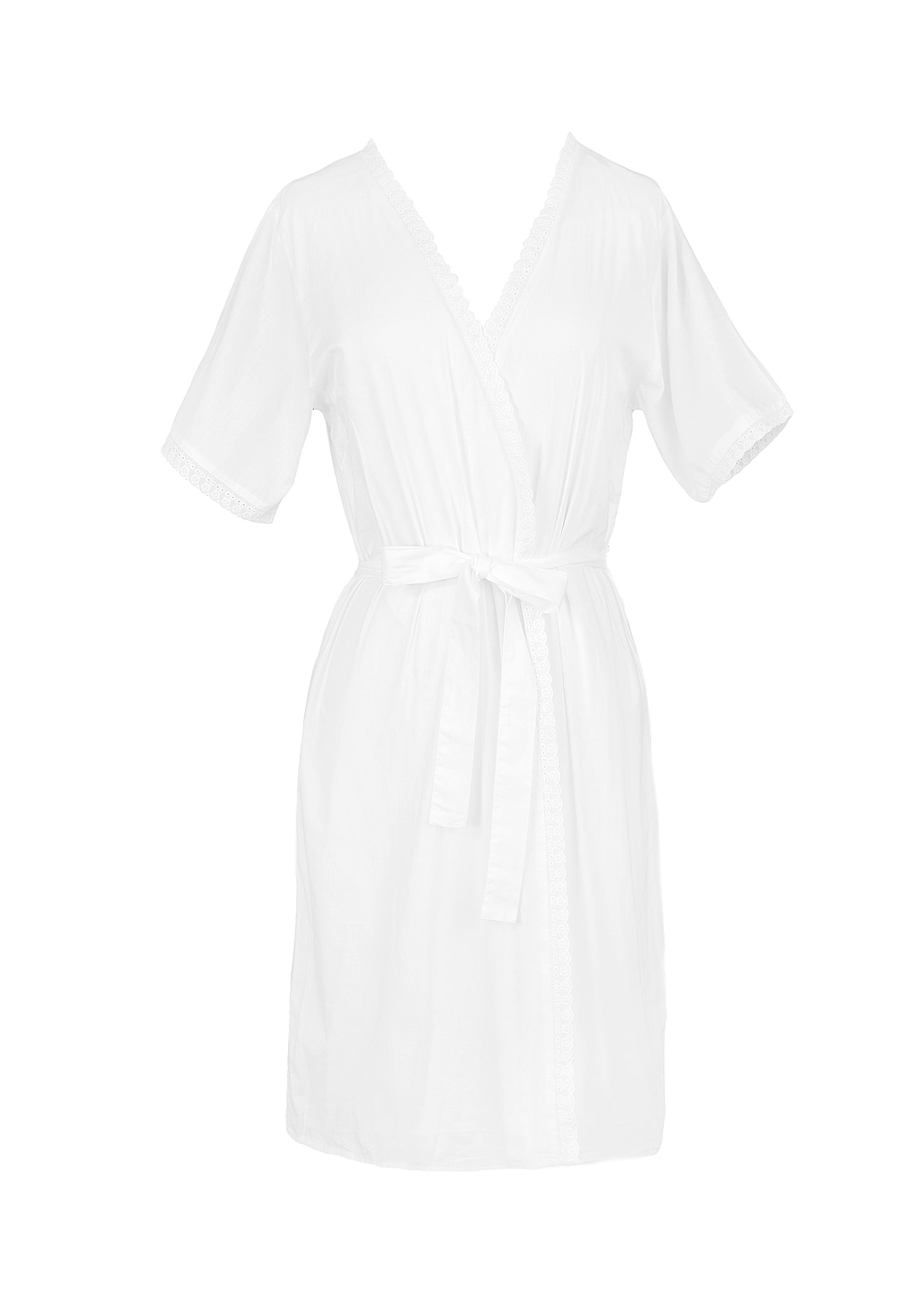 Short Sleeve White Cotton Robe with Lace