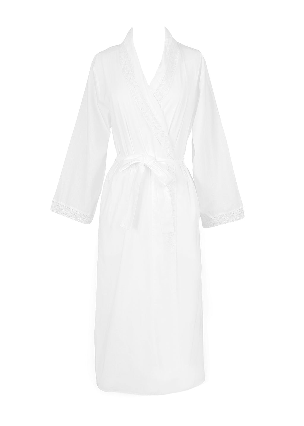 Long Sleeve Cotton Bathrobe with Lace Detail Large Long Sleeve Cotton Bathrobe with Lace Detail Large