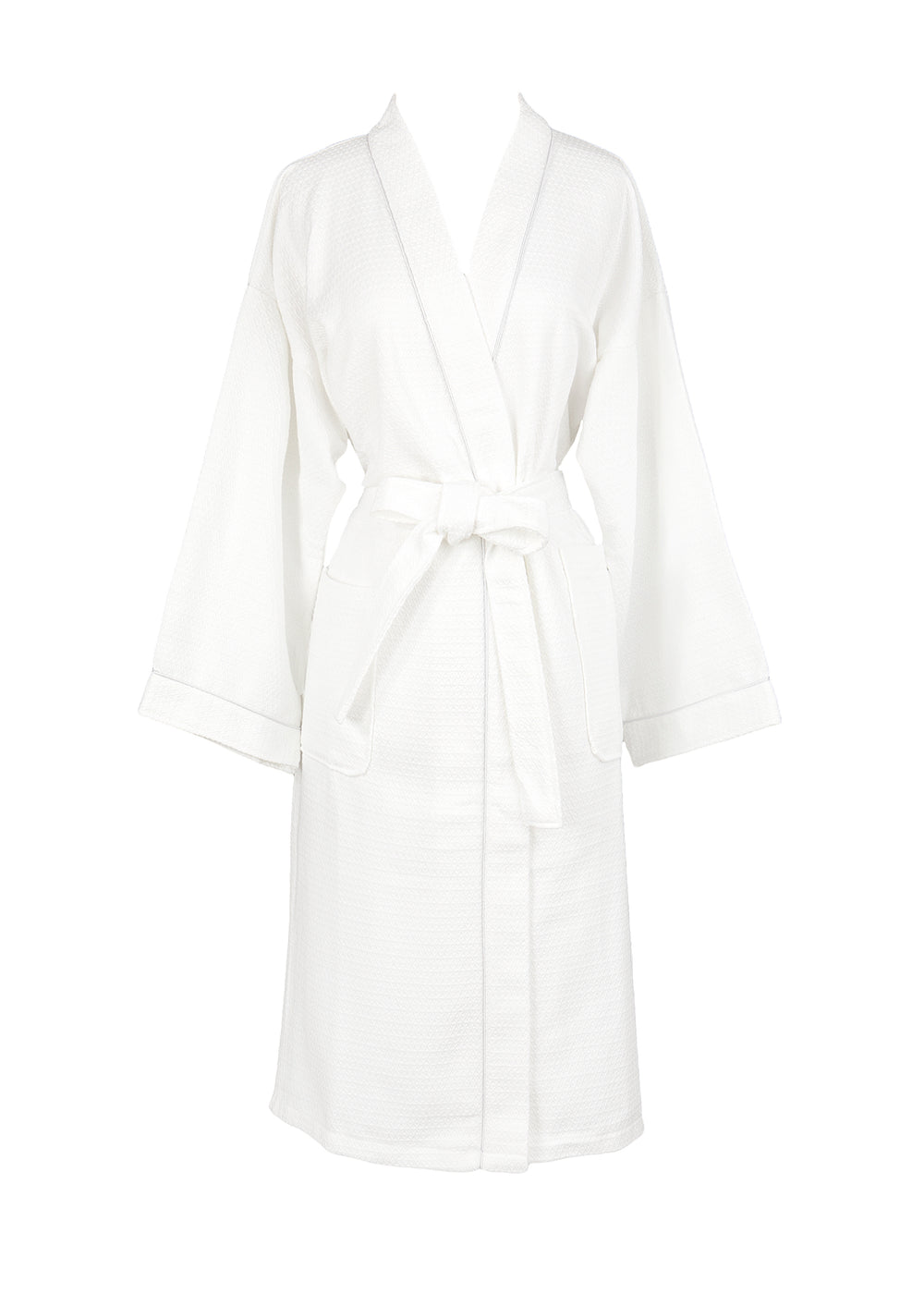 Front view of Willow Weave bathrobe showcasing waffle weave, kimono sleeves, belt and patch pockets on white background