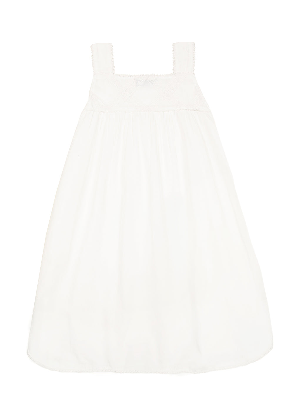 Front view of Chelsea white cotton dress showing lace trellis bodice, straps, and scalloped hem