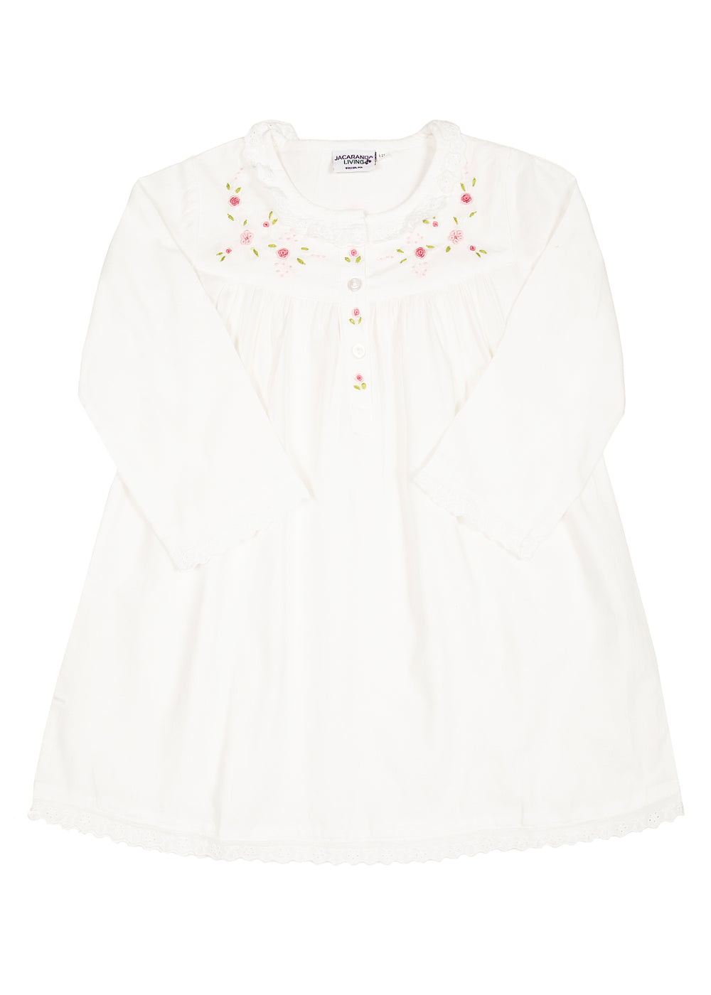 Ruby White Cotton Dress with Embroidered Pink Roses