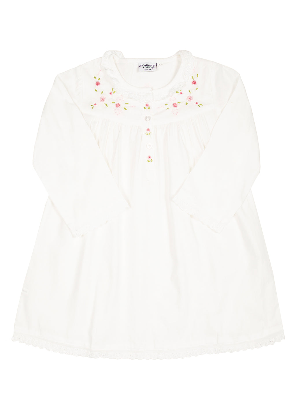 Ruby White Cotton Dress with Embroidered Pink Roses