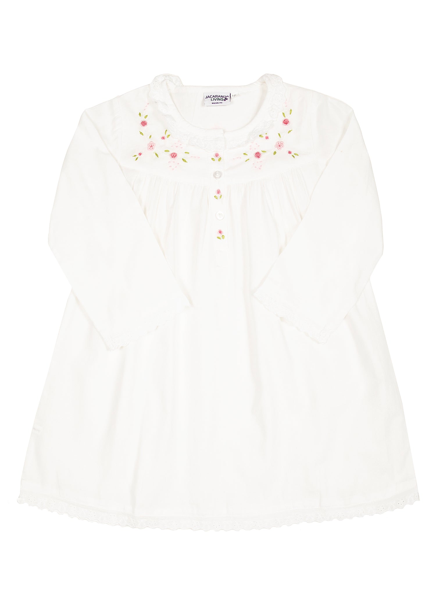 Ruby White Cotton Dress with Embroidered Pink Roses