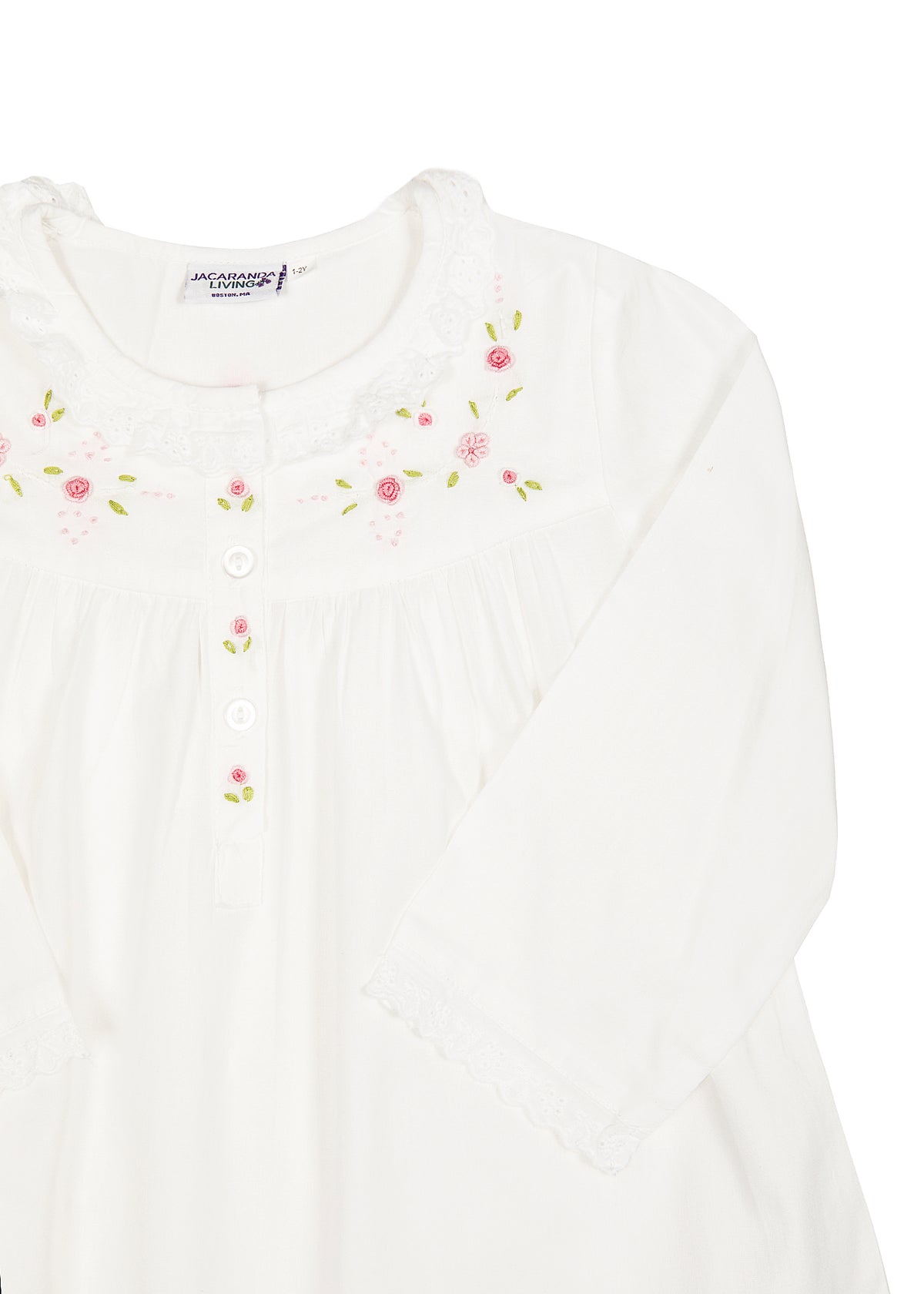 Ruby White Cotton Dress with Embroidered Pink Roses