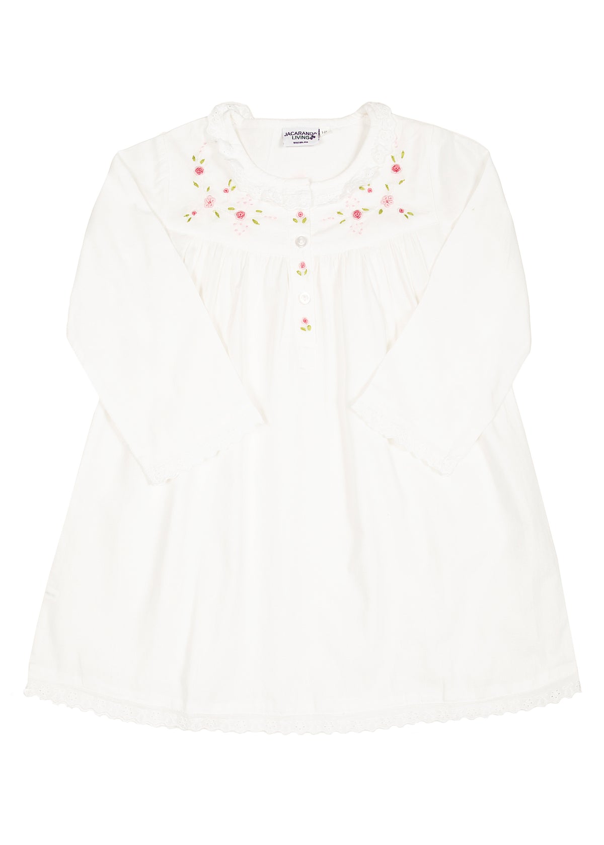 Ruby White Cotton Dress with Embroidered Pink Roses