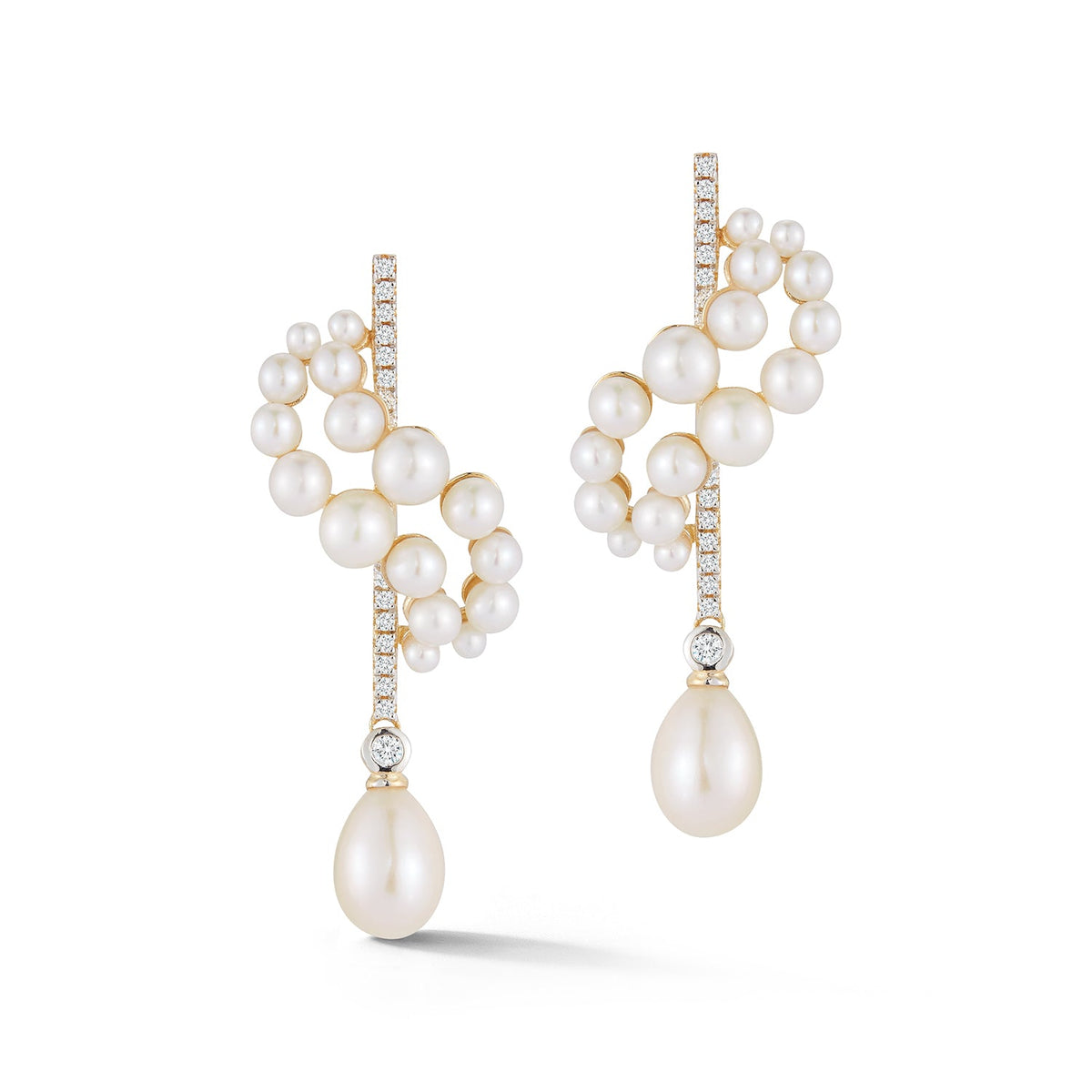 14K Gold Pearl Curve Form Earrings with Drops