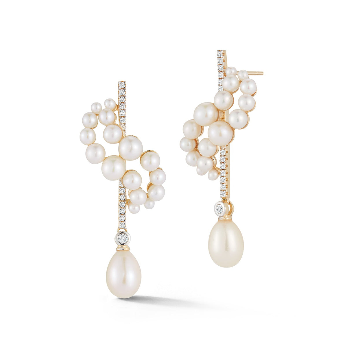 14K Gold Pearl Curve Form Earrings with Drops