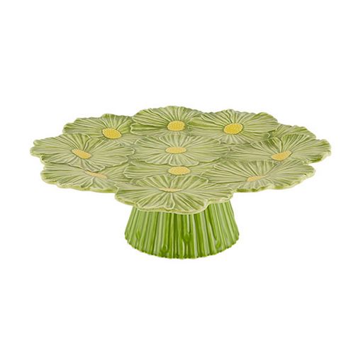 Front view of Maria Flor Cake Stand 14 inch showcasing green floral relief with white background