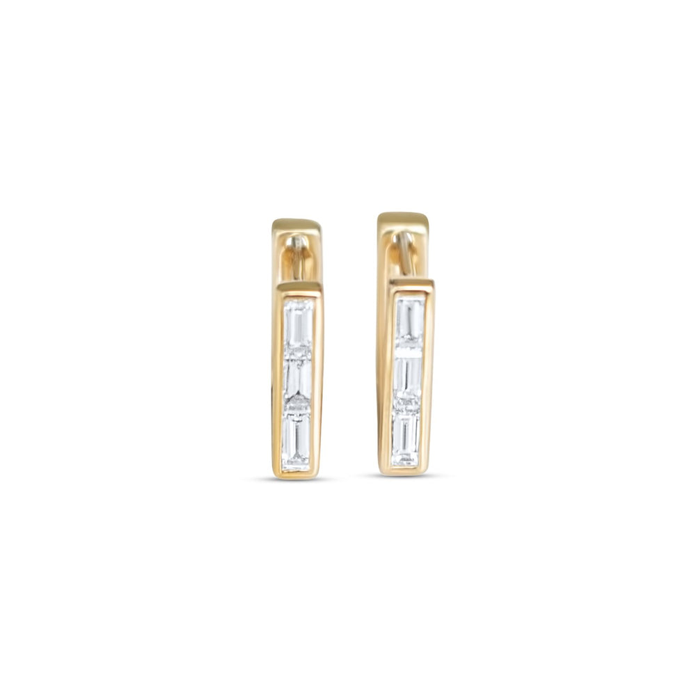 Front view of Square Huggie earrings showcasing three diamond baguettes set in 14k yellow gold on white background