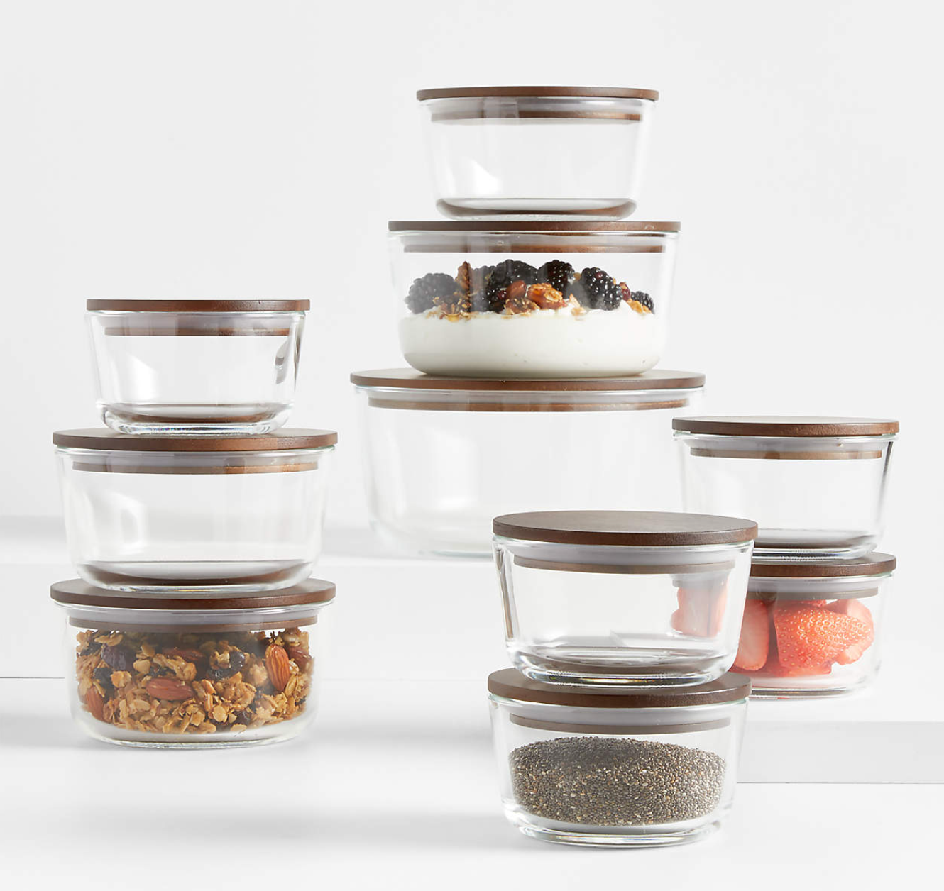 Crate & Barrel 20-Piece Round Glass Storage Containers with Dark Wood Lids