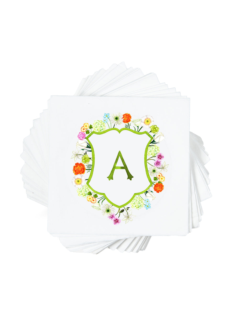 Top view of Personalized Crest Cocktail Napkins showcasing a green floral crest with the letter A on white napkins