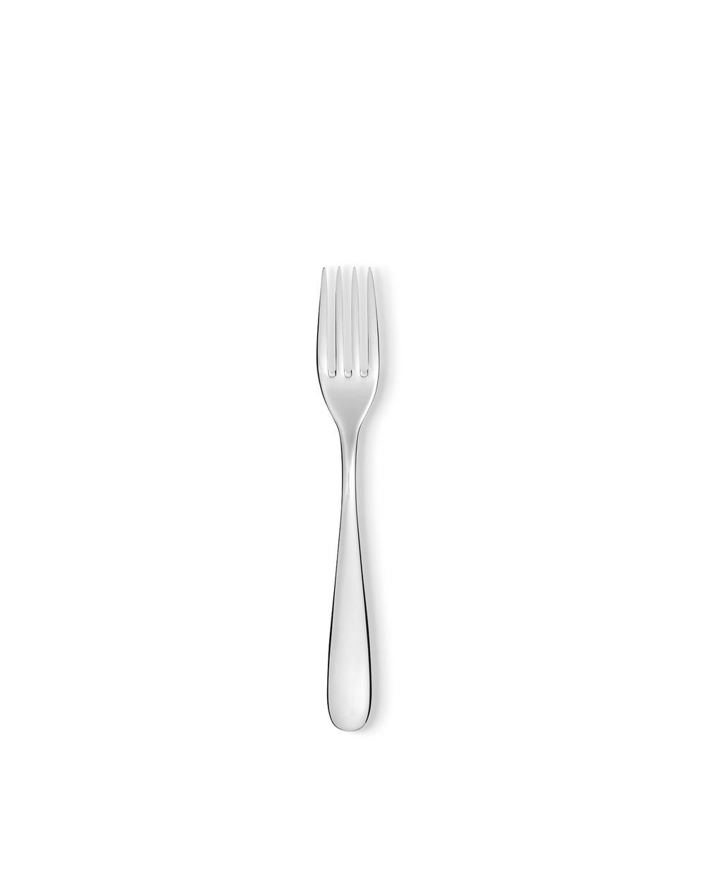 Top view of Nuovo Milano serving fork showcasing four tines and polished stainless steel finish on white background