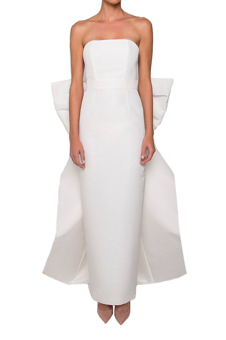 Front view of Bow Butterfly Gown in White showcasing its straight neckline, boned bodice, column skirt, and detachable bow sash on a white background