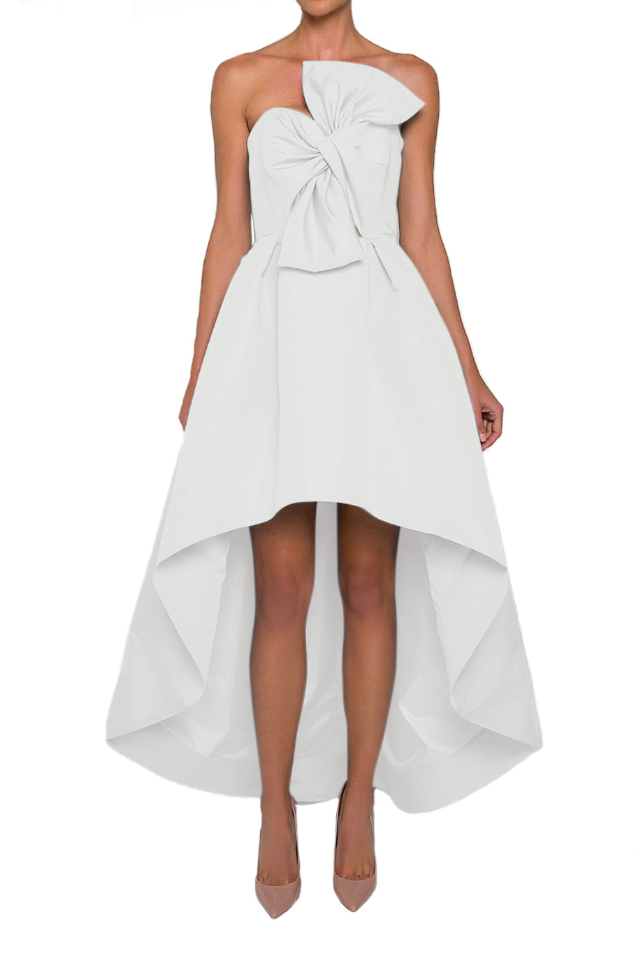 Front view of Silk Faille Twisted Bow High-Low Gown with self-tied twisted bow and pleated high-low skirt on white background