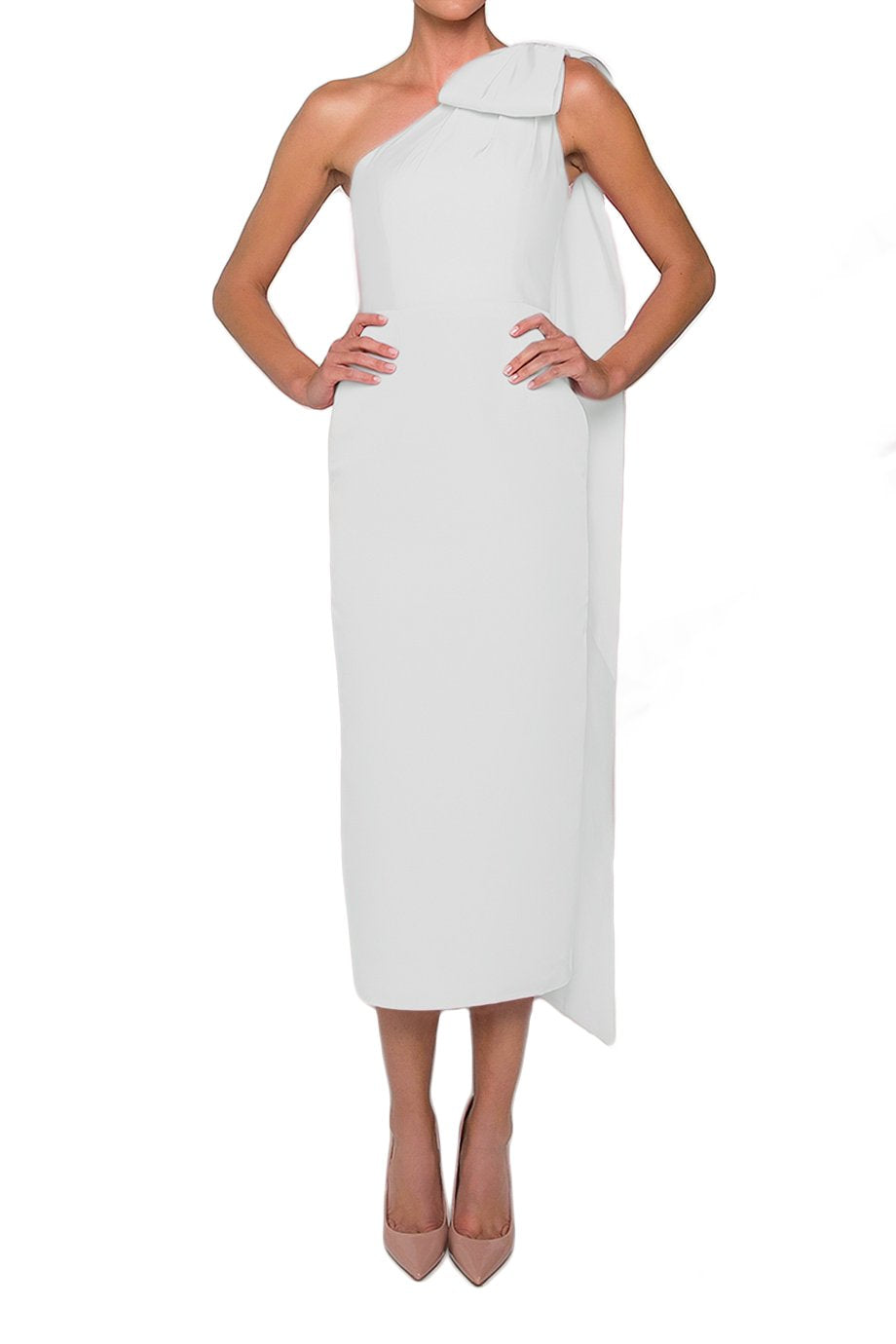Front view of Anne Dress in White showcasing draped one-shoulder bodice, bow detail, and floor-length sash