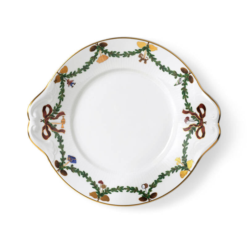 Top view of Star Fluted Christmas Dish showcasing a holly garland border and scalloped gold-trimmed edge on white background