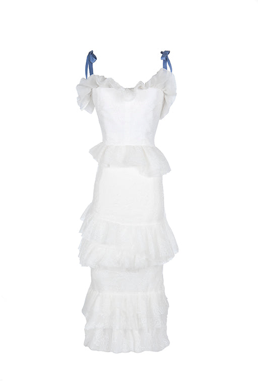 Daria Cocktail Dress in Optic Lace with Blue Ribbons