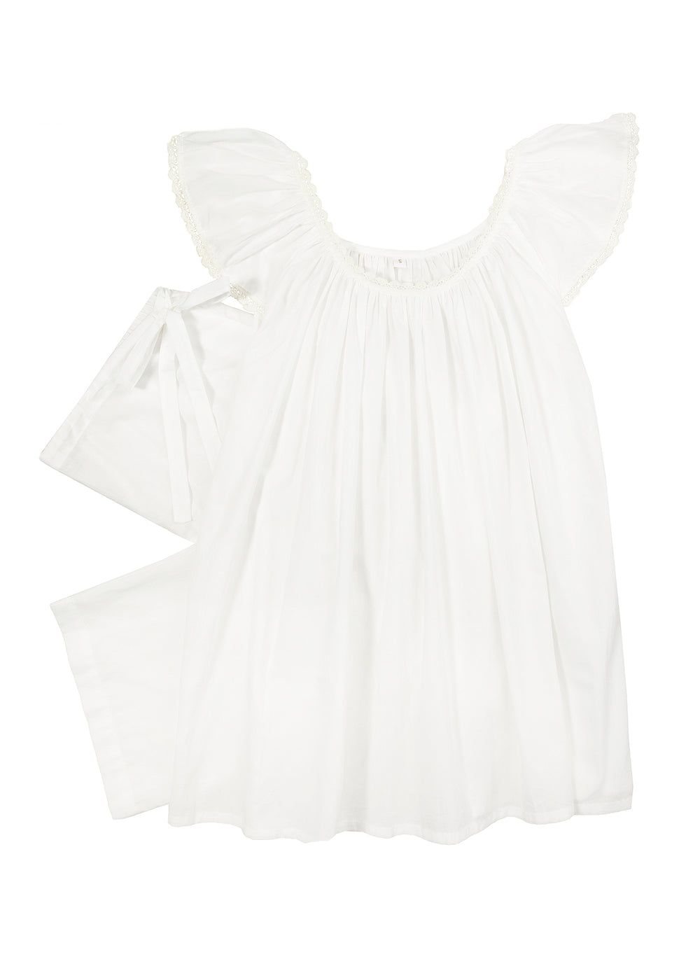 Top view of Julia white pajama set with flutter sleeves and cropped pants with side tie on white background