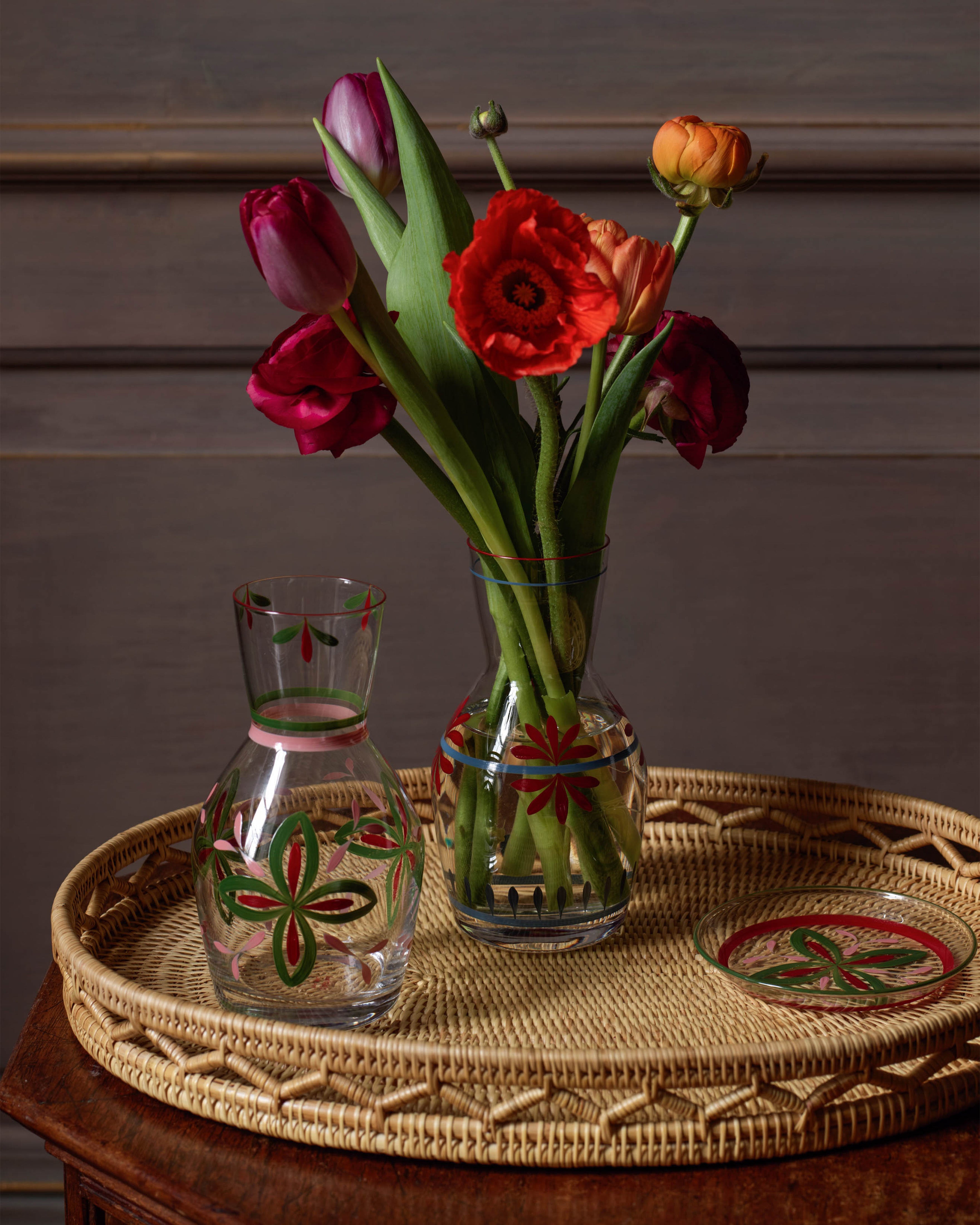 Hand Painted Carafe, Green and Pink