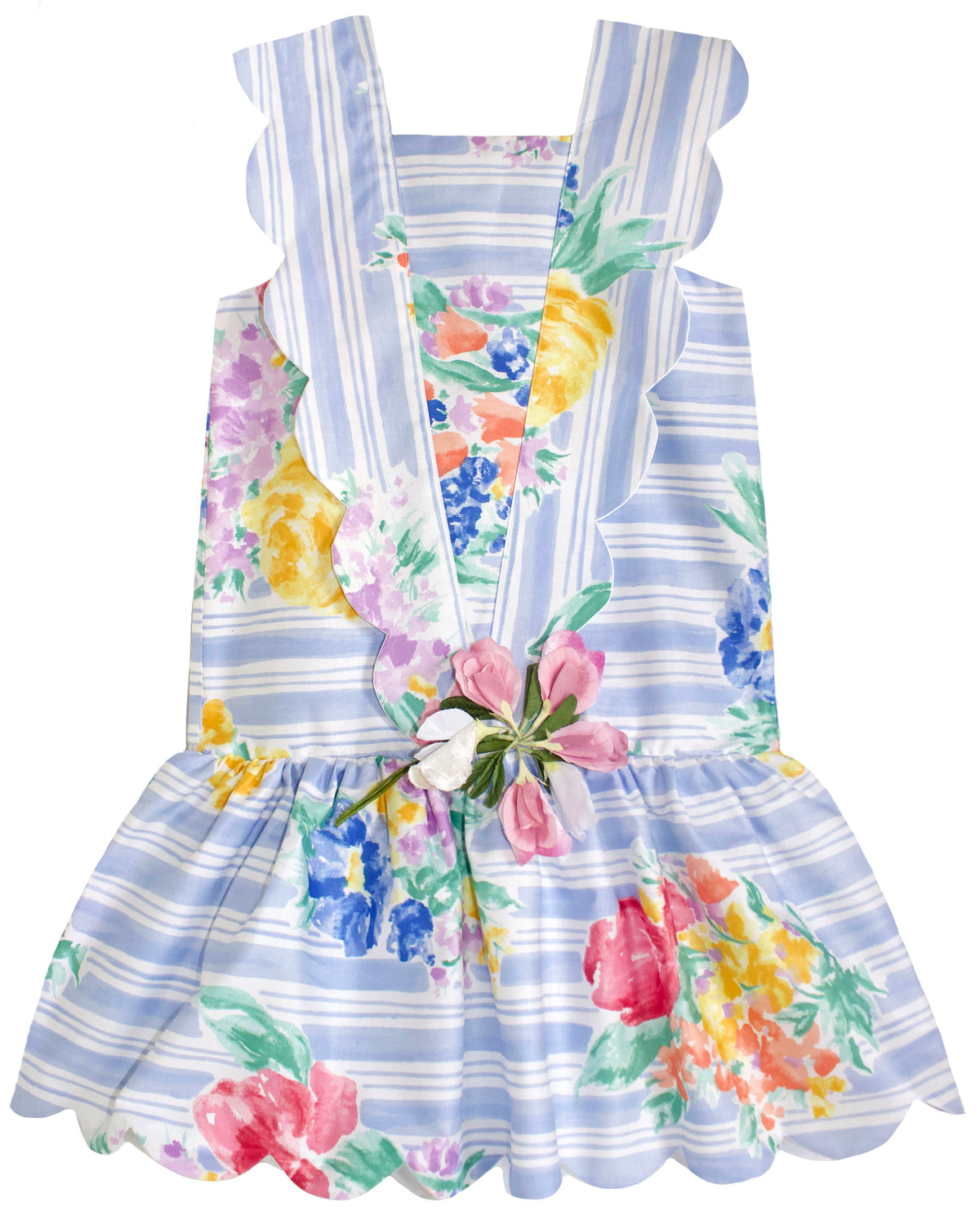 Front view of Scallop Petal Dress with striped impressionist florals, scalloped edges, and waist flower