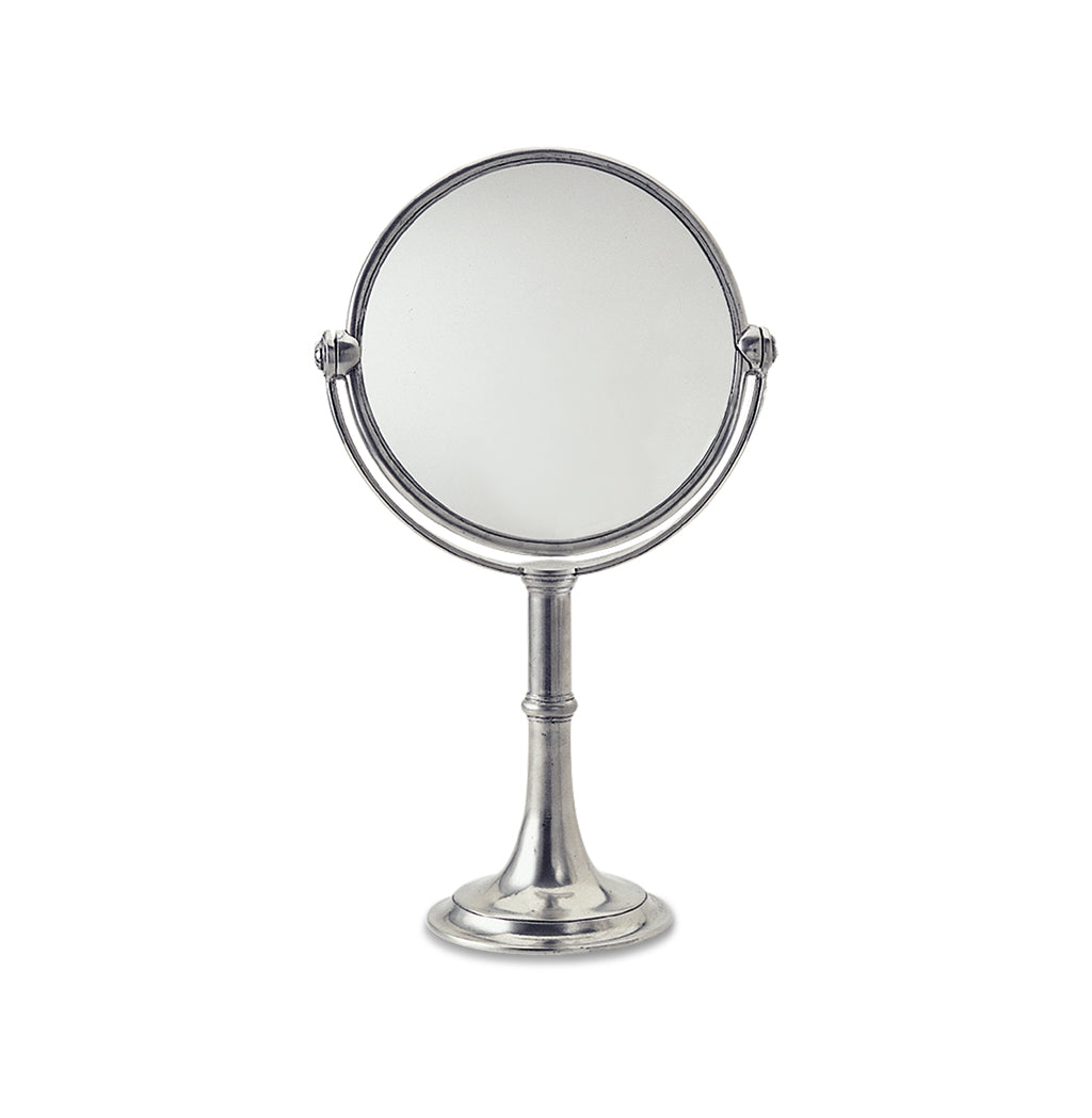 Front view of Vanity Mirror, High showcasing its round mirror and pedestal stand with a white background