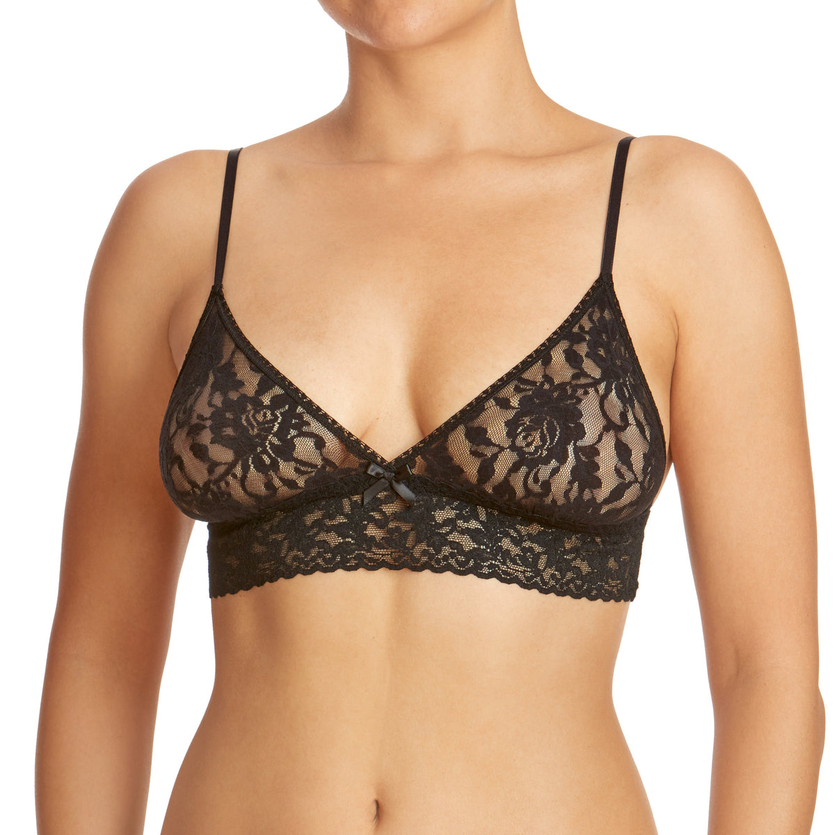 Front view of black Signature Lace Triangle Bralette showcasing delicate lace cups and scalloped band against a white background