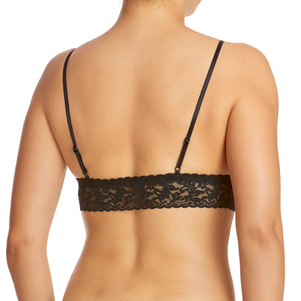 Rear view of Signature Lace Triangle Bralette showcasing black lace band and adjustable straps on a white background