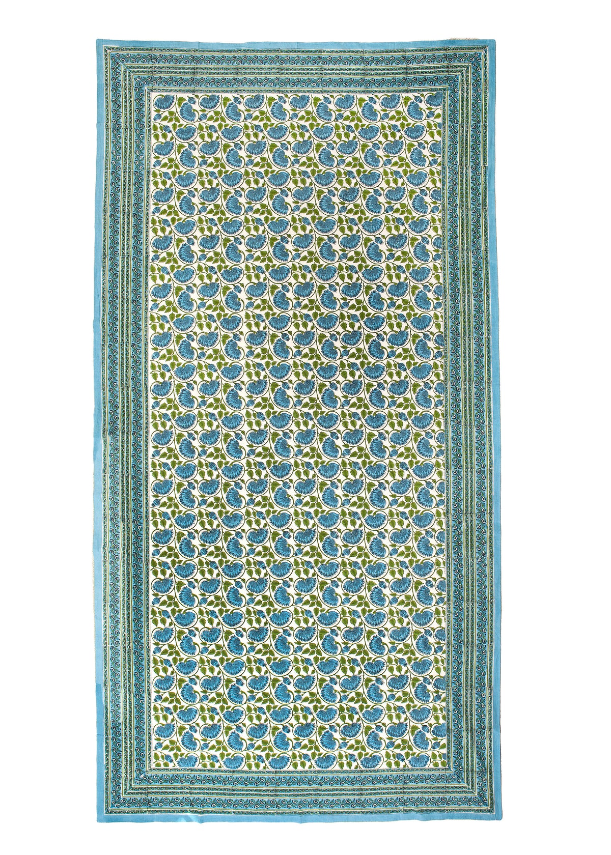 Block Print Rectangular Table Cloth in Blue and Green 72" x 132"