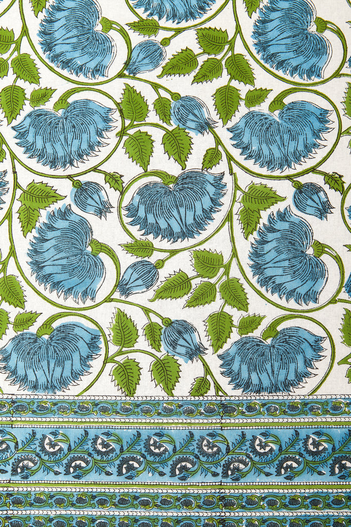 Block Print Rectangular Table Cloth in Blue and Green 72" x 132"