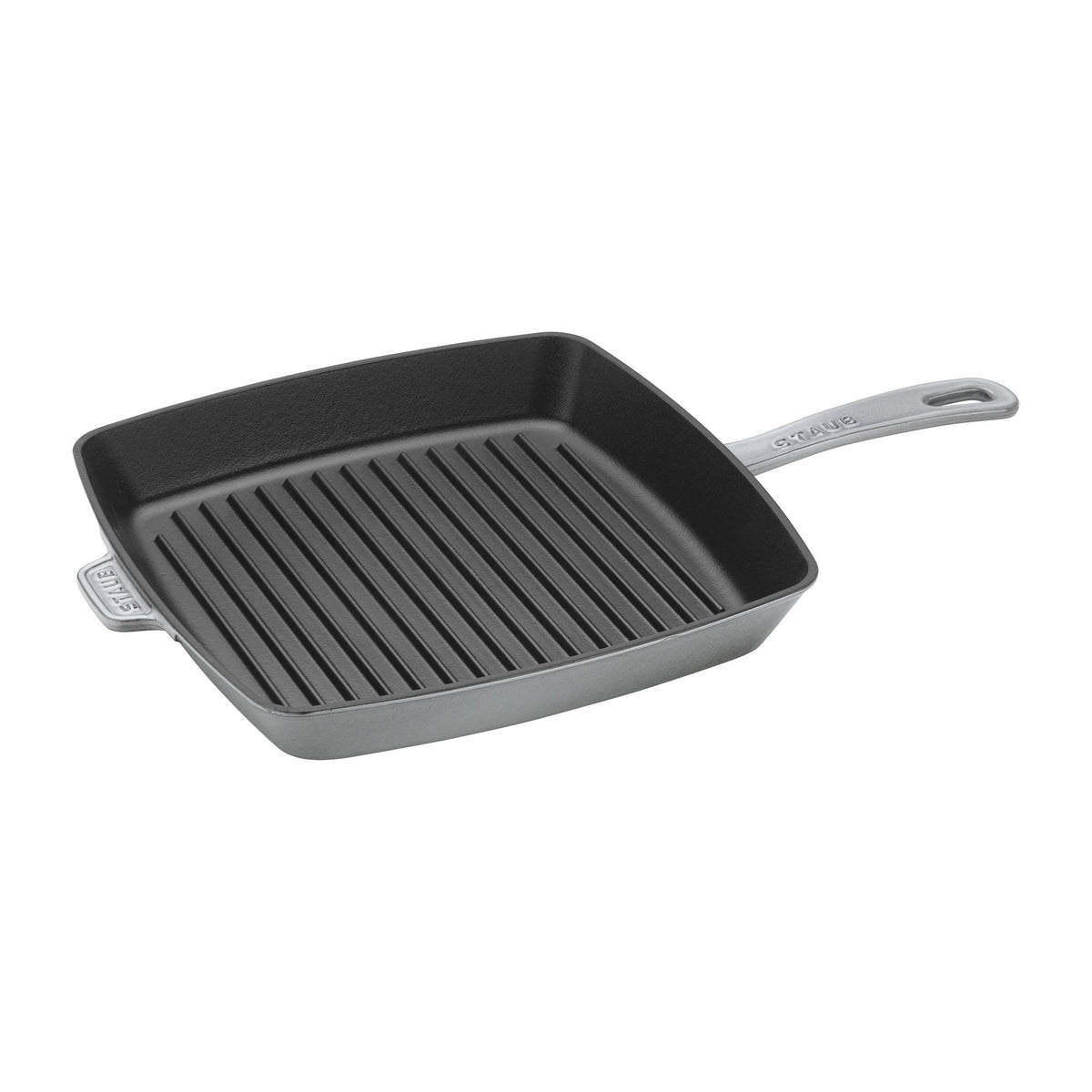Angled view of Cast Iron Square Grill Pan showcasing raised grill ridges and dual handles with a white background