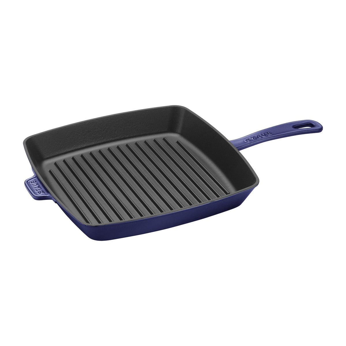 Angled view of Cast Iron Square Grill Pan showcasing raised grill ridges and blue enamel exterior with white background